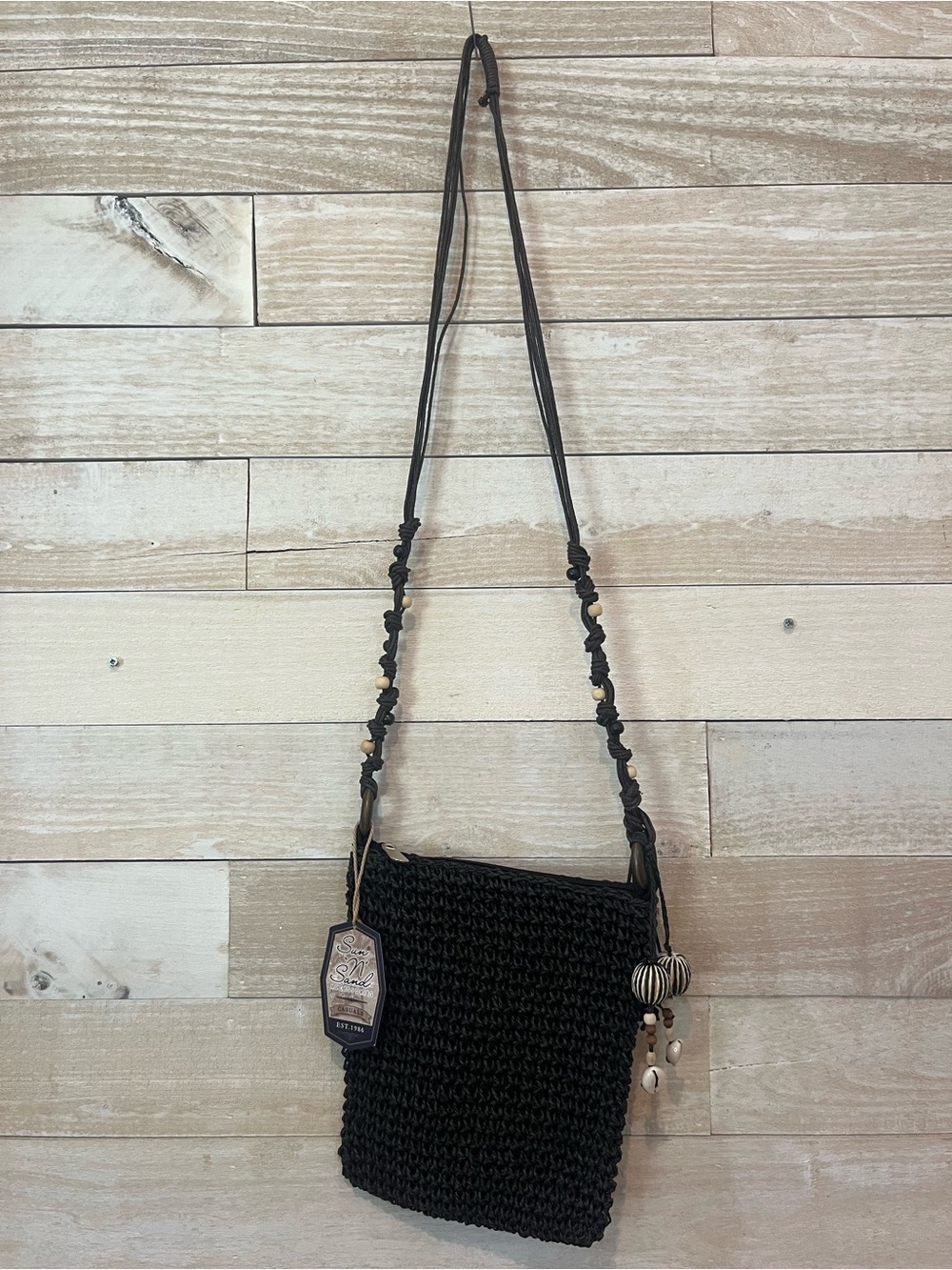 Sun N'Sand Handwoven Crotchet Knitted Black Crossbody Bag with Beaded Accent
